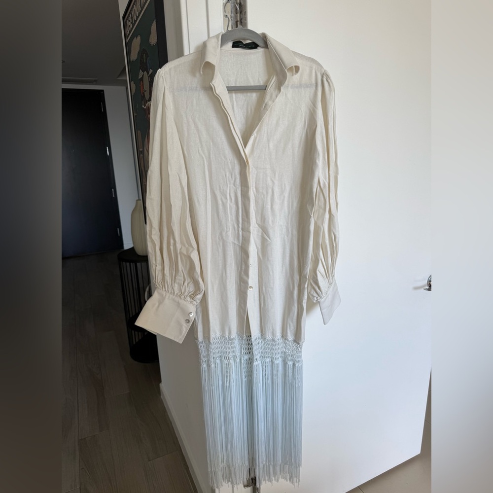 Cream Shirt with baby blue fringe